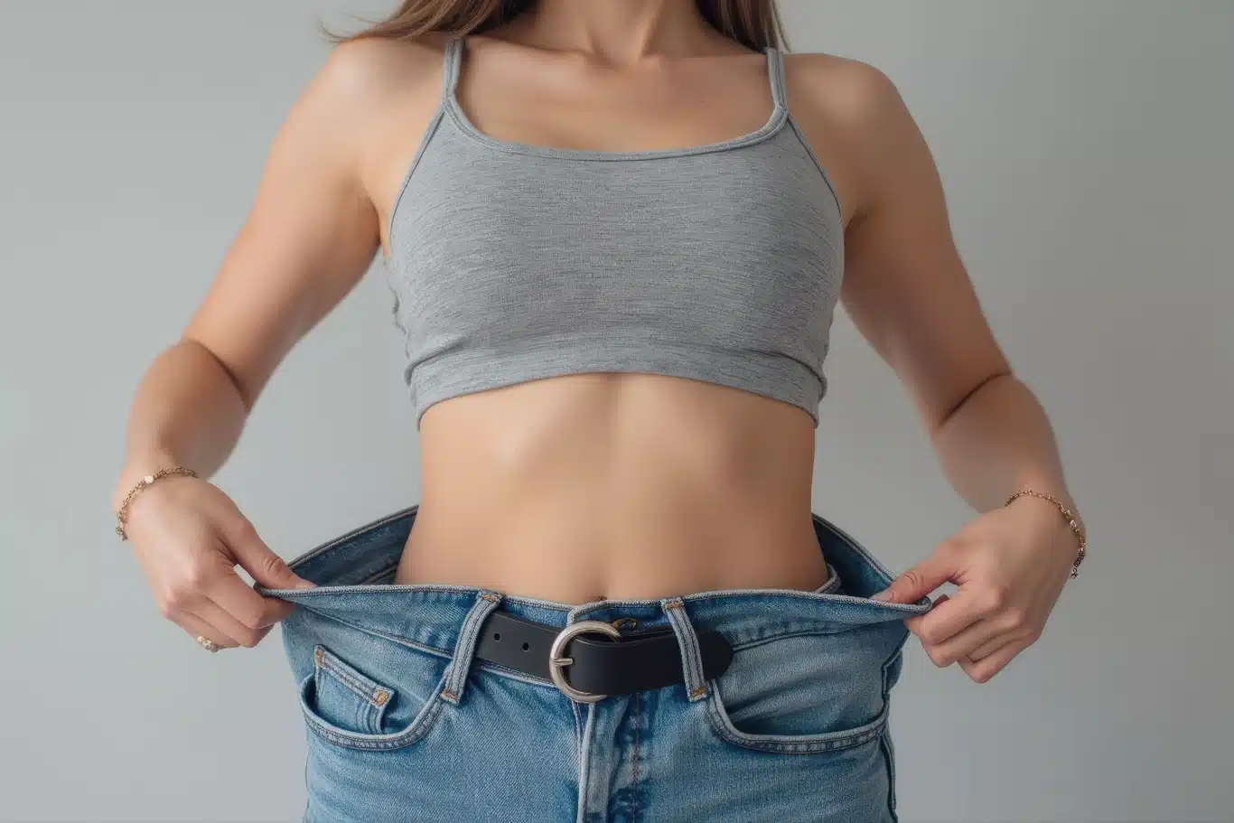 Woman showing weight loss success Confident woman showcases her weight loss journey